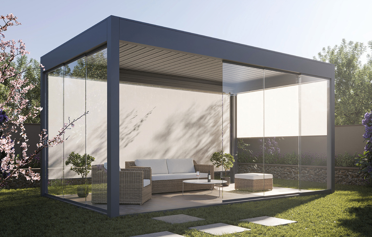 Bioklimatická pergola Nobilitas s prosklenými stěnami
